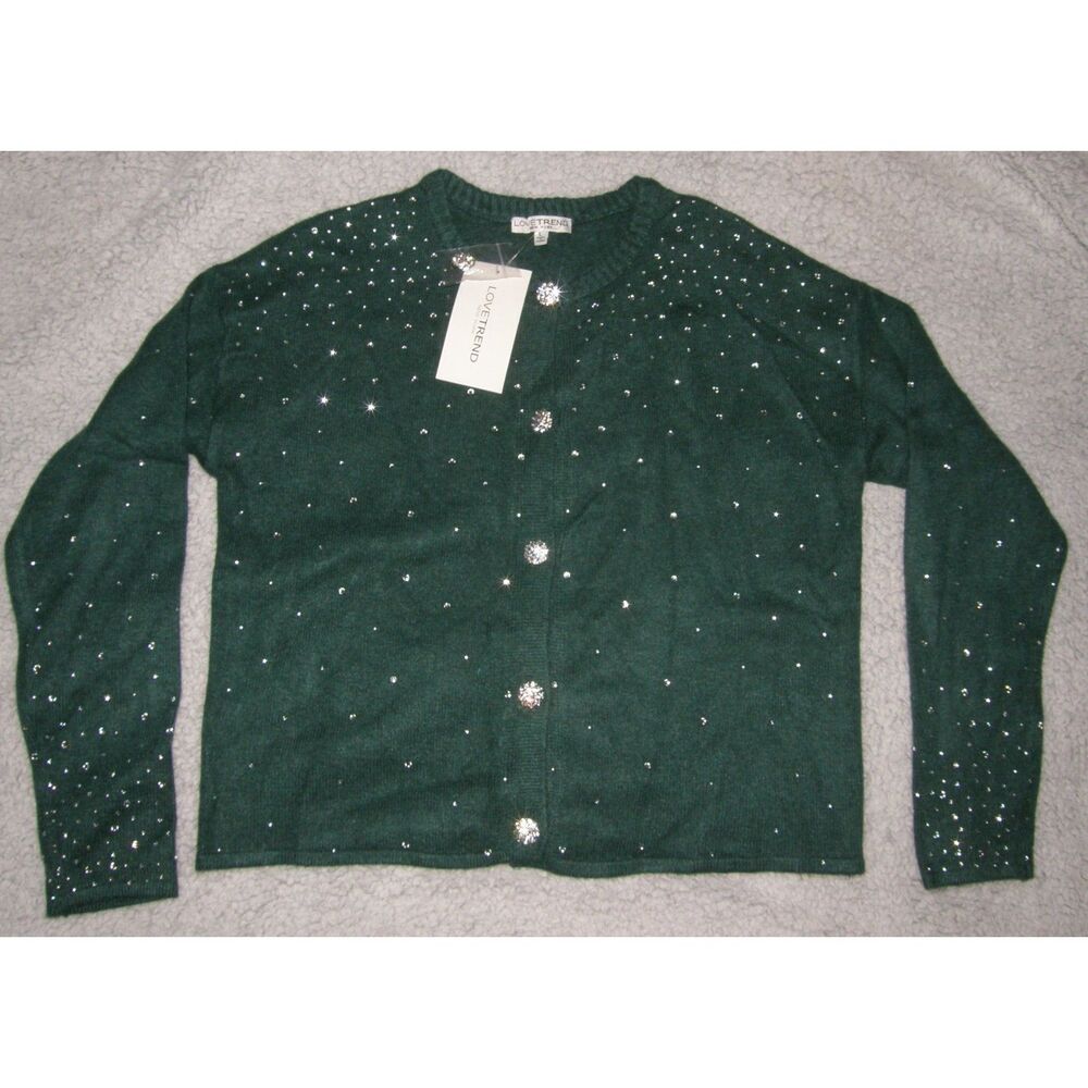 NEW NWT Dark Green Sz Large Soft Stretchy Sparkly Rhinestones Cardigan Sweater